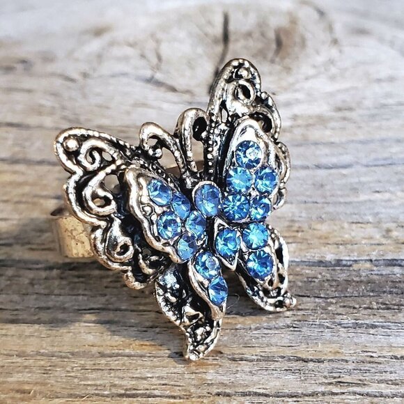 Vintage Y2K 90s Blue Crystal Butterfly Silver Adjustable Cocktail Ring - Picture 2 of 8